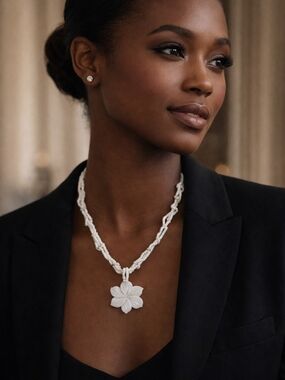 Ivory Bloom Luxe Beaded Necklace – Mother‑of‑Pearl Floral Pendant